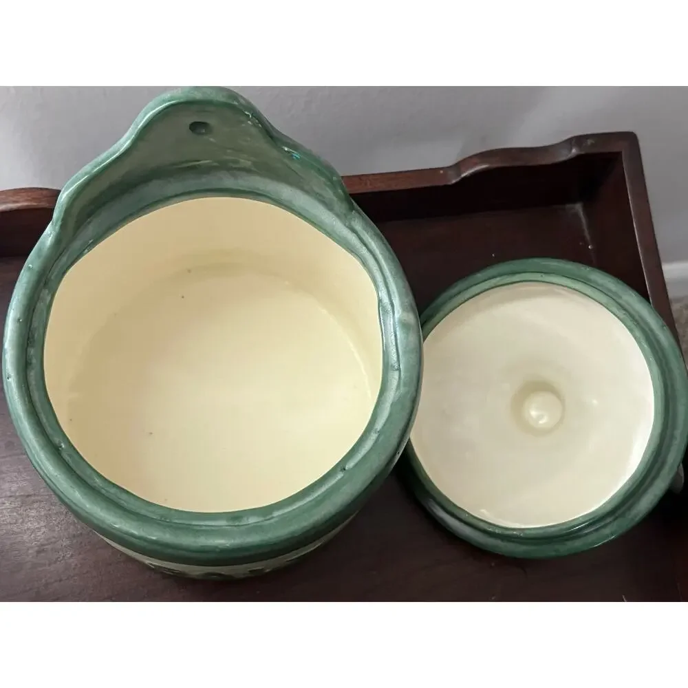 Vintage 1976 Ceramic Salt Cellar Crock Hanging 70s Green Farmhouse Americana